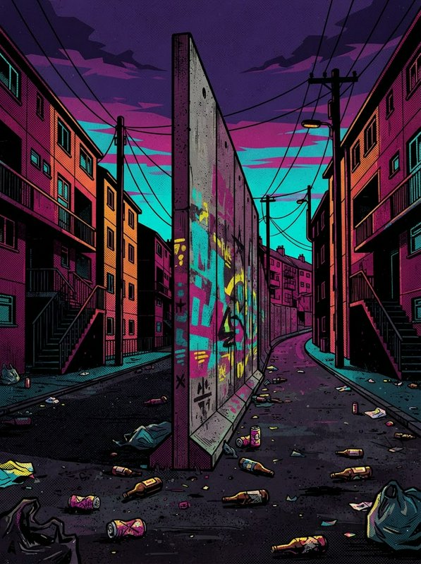 Tall graffiti-covered concrete wall splits a littered residential housing street at vibrant neon dusk