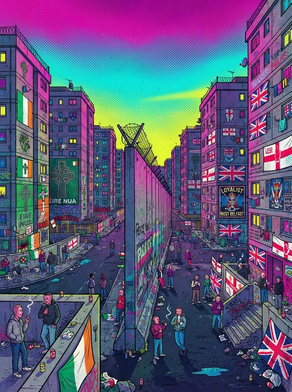 Stylized comic illustration of the Belfast peace wall dividing opposing residential neighborhoods under a bright gradient sky