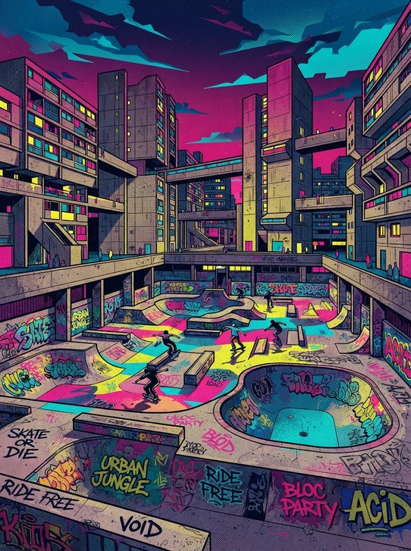 Vibrant pop art illustration of a graffiti skatepark built into a brutalist housing estate at dusk