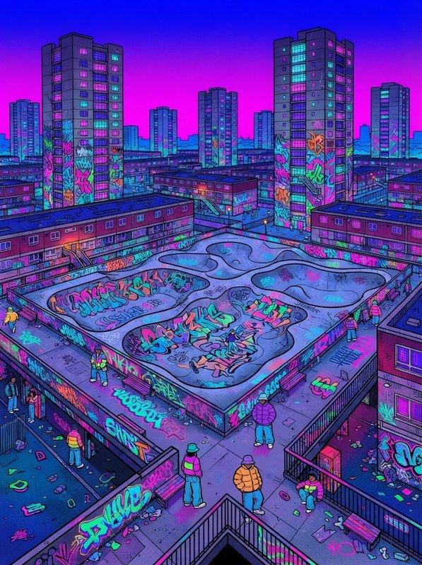 Graffiti-covered rooftop skate park sits atop a housing estate under a bright neon purple gradient sky