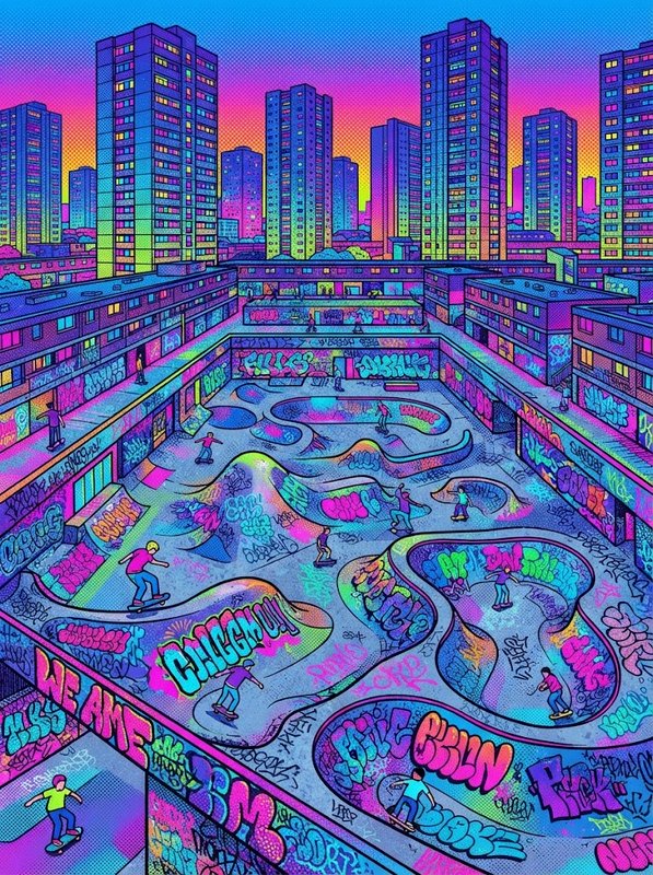 Vibrant pop art illustration of skaters in a graffiti-covered urban skatepark at gradient sunset