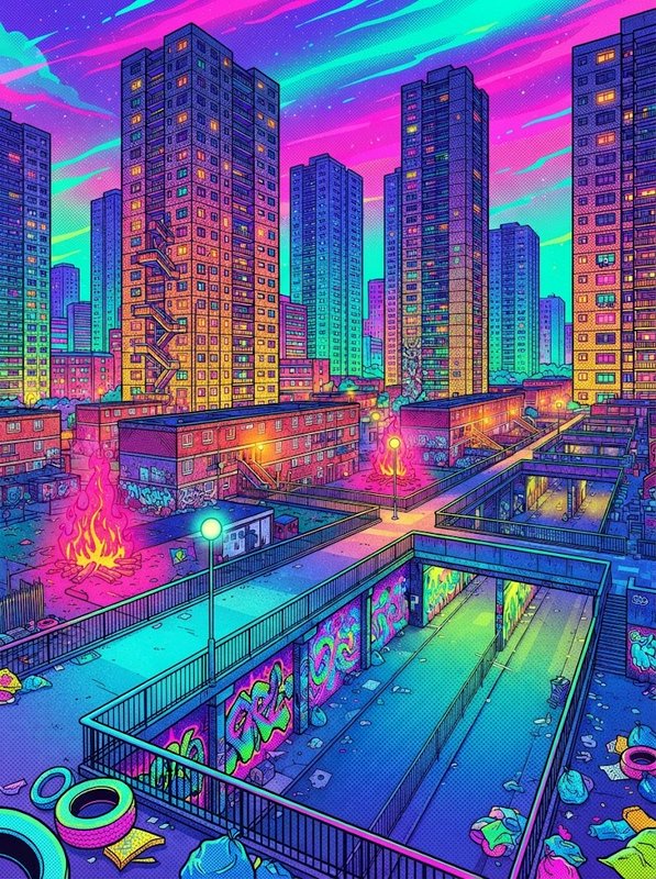 Vibrant neon cyberpunk council housing estate with graffiti, courtyard bonfires, and a vivid swirled dusk sky