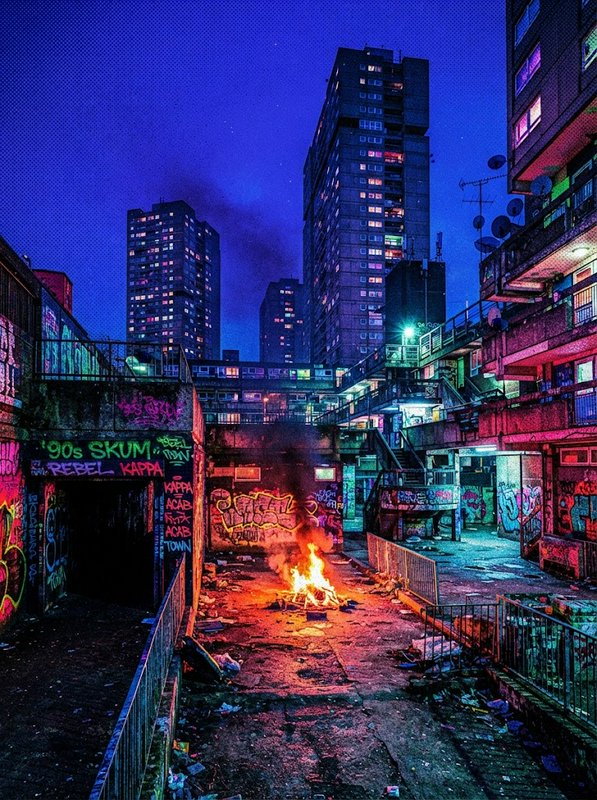 Glowing bonfire burns in a graffiti-covered derelict brutalist housing estate courtyard at night
