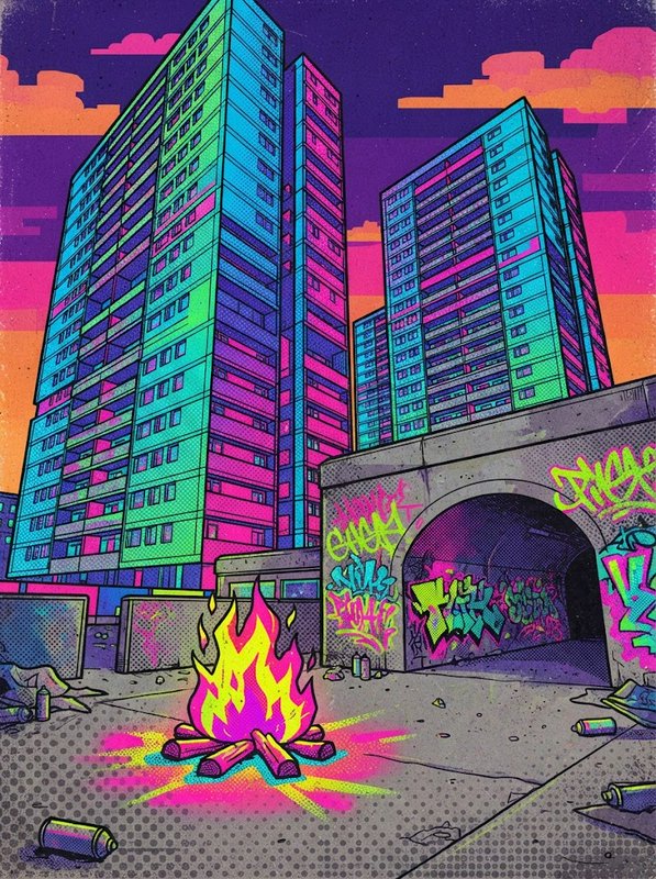 Vibrant neon pop art illustration of high-rise housing estate with graffiti underpass and foreground campfire