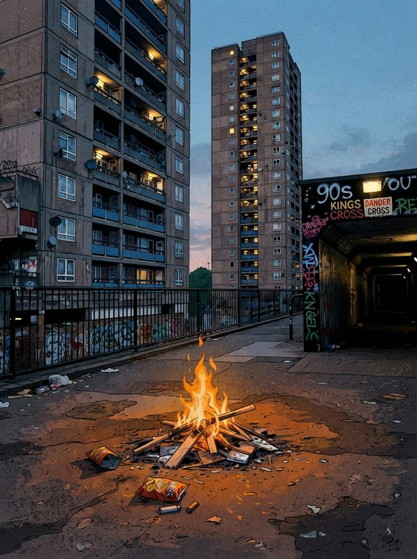 Bonfire burns on a littered council estate walkway between tall brutalist tower blocks at dusk beside a graffiti-covered