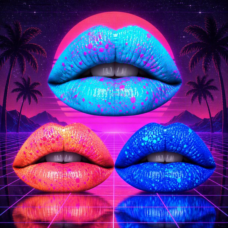 Three glossy speckled lips float over a reflective neon synthwave landscape with palm trees