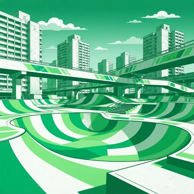 Stylized monochrome green illustration of an urban skate park set below high-rise apartment towers