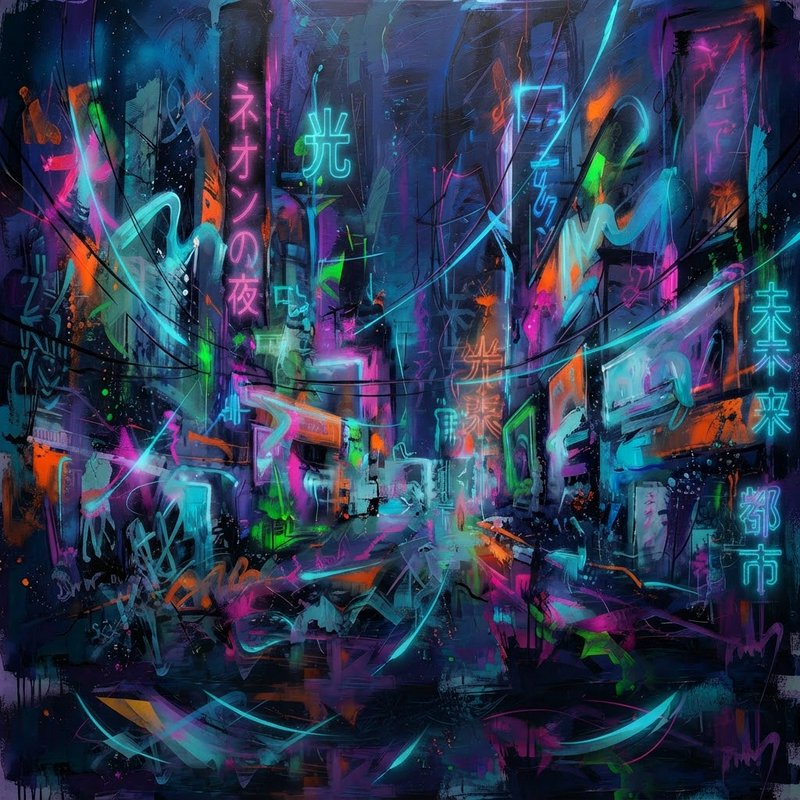 Abstract painterly cyberpunk city street glowing with neon Japanese signage on a dark rainy night