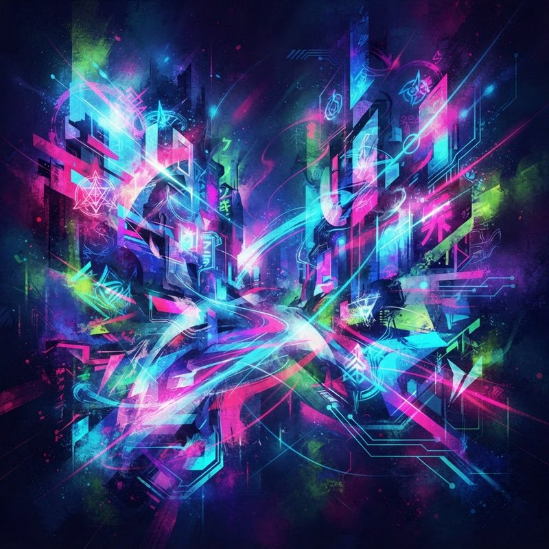 Abstract neon cyberpunk cityscape with glowing light trails, futuristic skyscrapers and arcane tech sigils