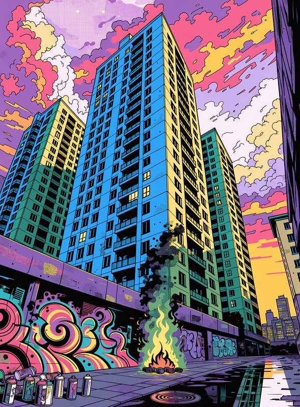 Bold pop art illustration of graffiti-covered high-rise apartment blocks, a street fire, and spray paint cans under a vivid