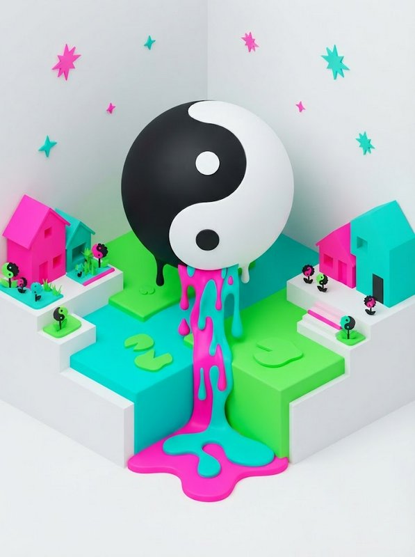 Surreal 3D yin yang sculpture dripping neon slime over a tiny isometric pastel neighborhood