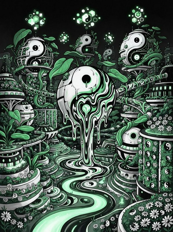 Surreal melting yin-yang monument stands at the center of an overgrown futuristic glowing green city