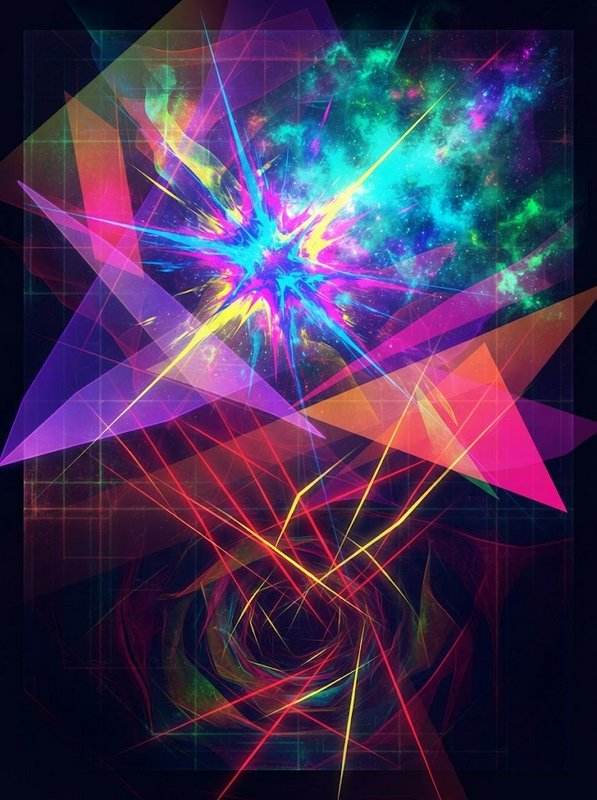 Vibrant neon abstract supernova burst with translucent geometric shapes on a dark cosmic grid background