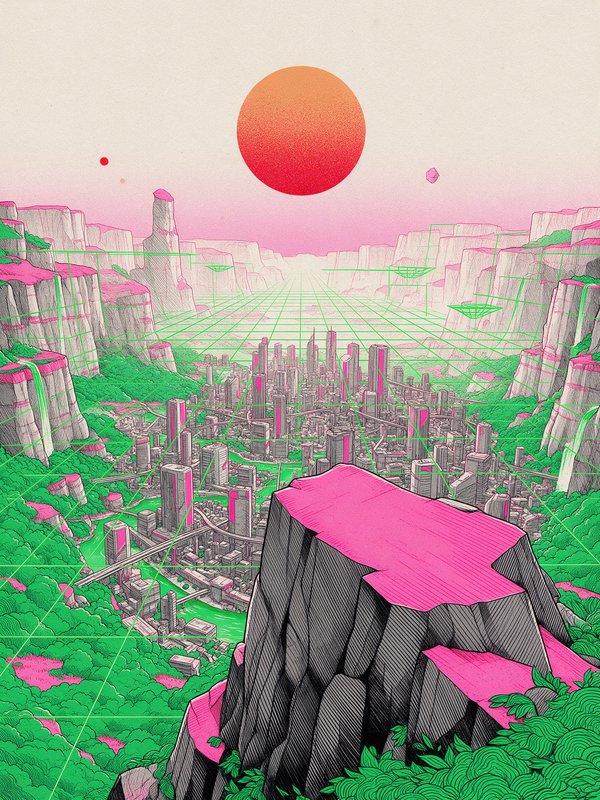 Surreal futuristic canyon city overlaid with green grid lines sits under a gradient red-orange sun
