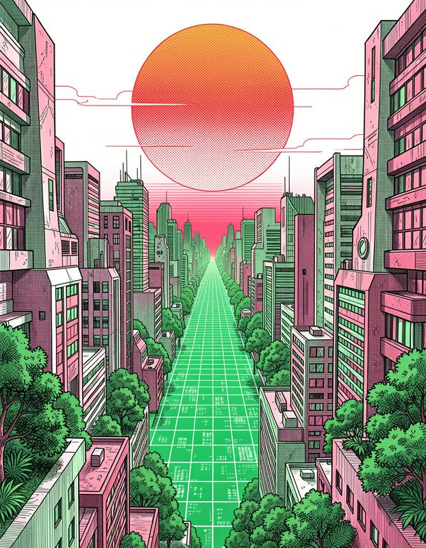 Surreal retro-futuristic cityscape with a giant gradient sun above a tree-lined grid avenue between skyscrapers