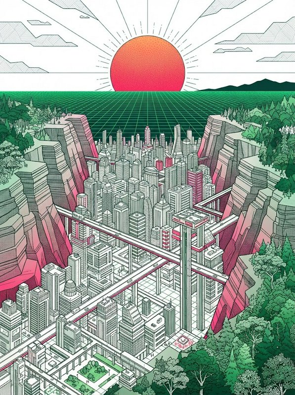 Retro-futuristic isometric city built into a rocky canyon, framed by forests under a glowing red sunrise