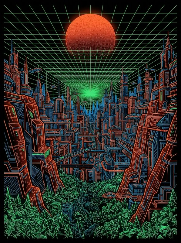 Dense cyberpunk futuristic cityscape framed by giant mech structures under an orange sun and green wireframe sky