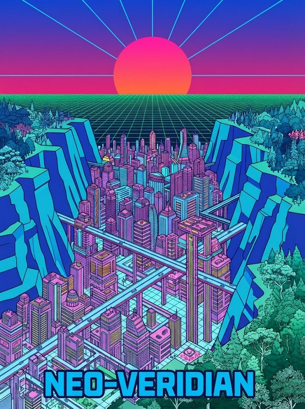 Isometric synthwave futuristic canyon city under a gradient sunset labeled Neo-Veridian