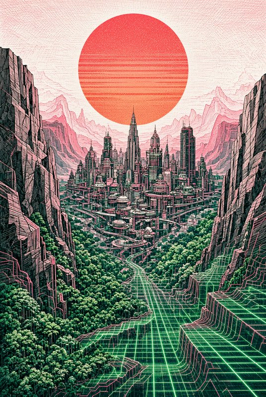 Futuristic sci-fi metropolis nestled in a forested mountain canyon below a giant gradient red sun