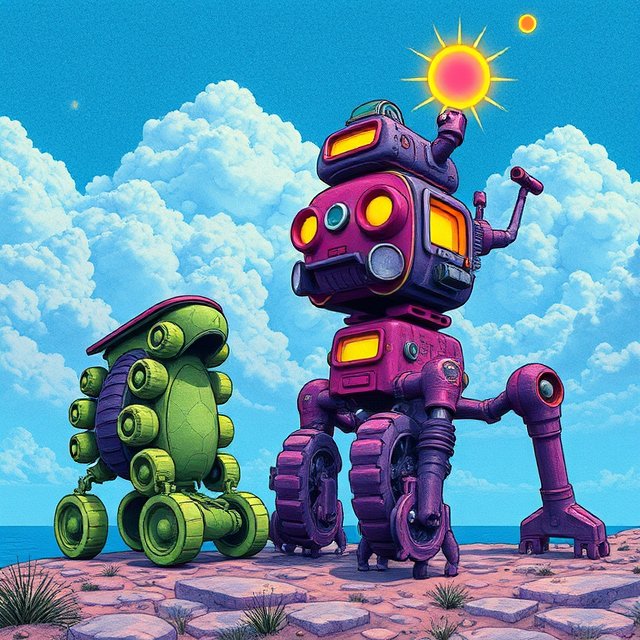 Whimsical purple and green cartoon robots stand on a rocky coastal cliff under a bright sunny sky