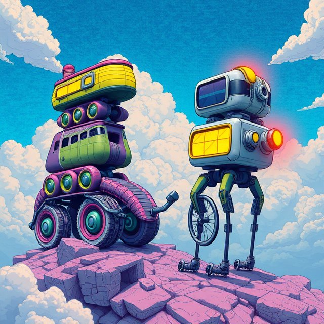 Two whimsical colorful robots standing on a pink rocky peak above fluffy cumulus clouds