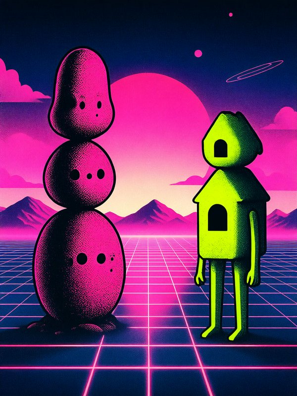 Surreal stacked pink character and lime green house humanoid stand on a retro synthwave grid landscape