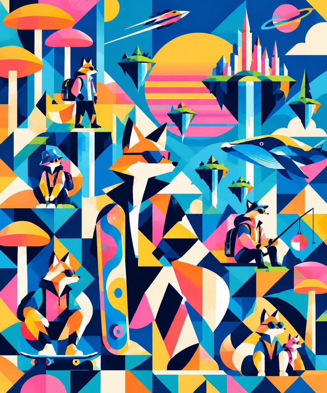 Geometric cubist illustration of cool anthropomorphic fox explorers in a surreal floating island fantasy landscape