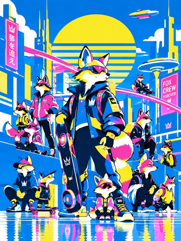 Cool streetwear-clad anthropomorphic fox crew poses with skateboards in a vibrant neon cyberpunk city