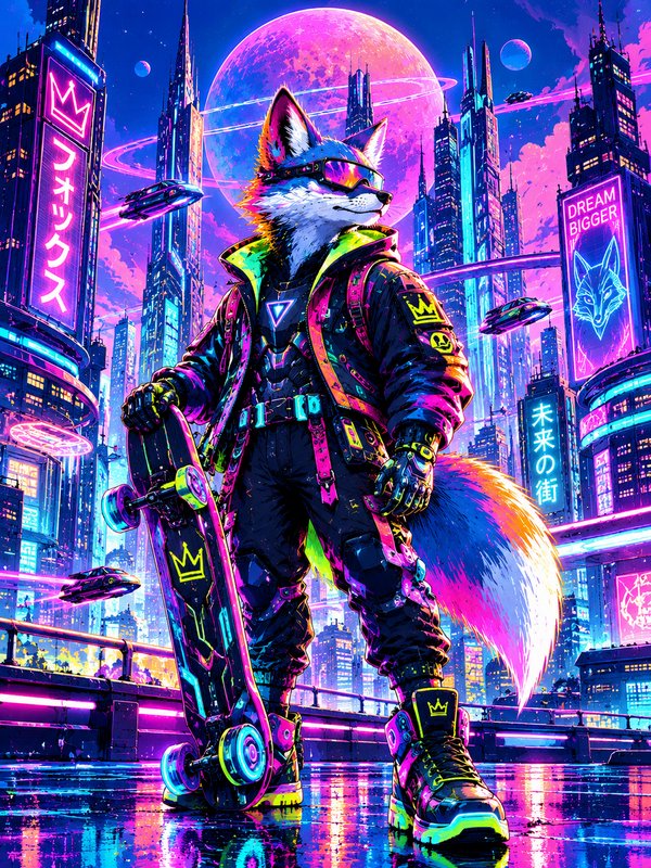 Cyberpunk anthro fox holding a skateboard stands before a glowing neon futuristic city skyline