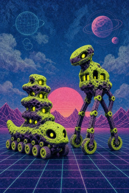 Two textured lime green alien rover and walker vehicles stand on a surreal synthwave alien planet landscape