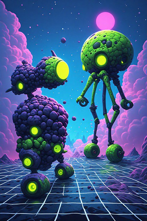 Two whimsical textured alien robots face each other on a grid alien landscape under a glowing pink moon