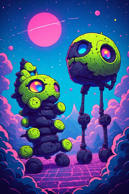 Two whimsical neon alien robots stand on a surreal alien world beneath a glowing pink ringed planet