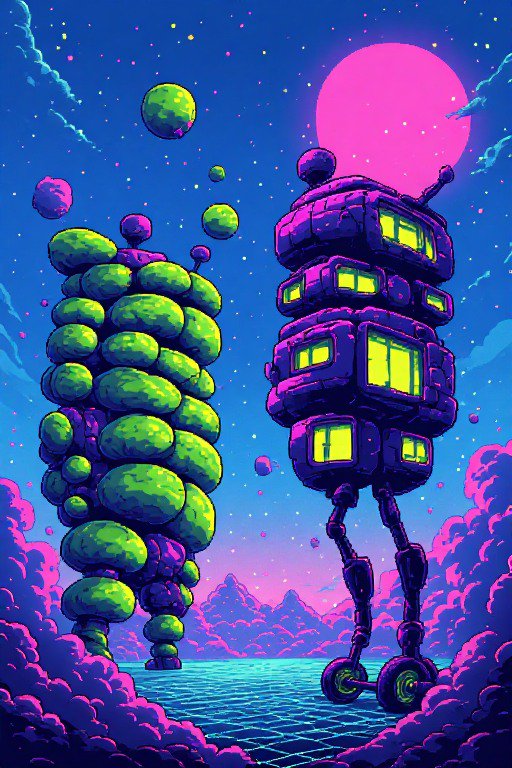 Vibrant pixel art alien landscape with a wheeled robot tower and organic spire under a glowing pink moon