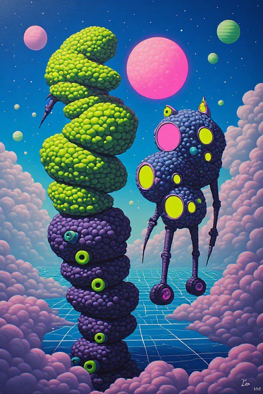 Surreal alien landscape with textured stacked alien spires, floating multi-eyed robot, and colorful planets above fluffy