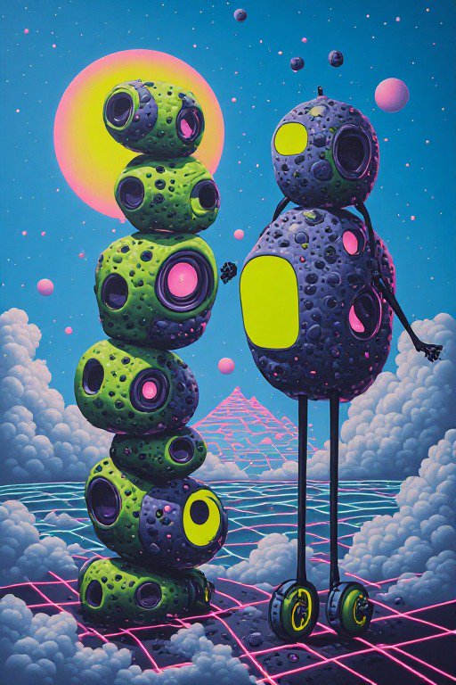 Surreal pockmarked alien robot figures stand on a neon grid cosmic fantasy landscape