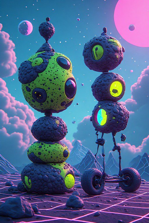 Whimsical stacked alien figures and a wheeled robot stand on a neon grid alien world under a starry sky with pink planets