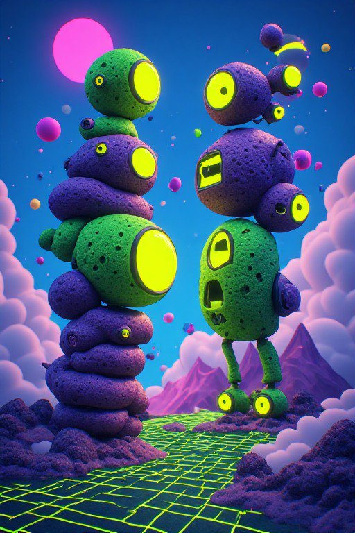 Whimsical stacked alien creatures stand on a neon grid alien world under a bright pink sun