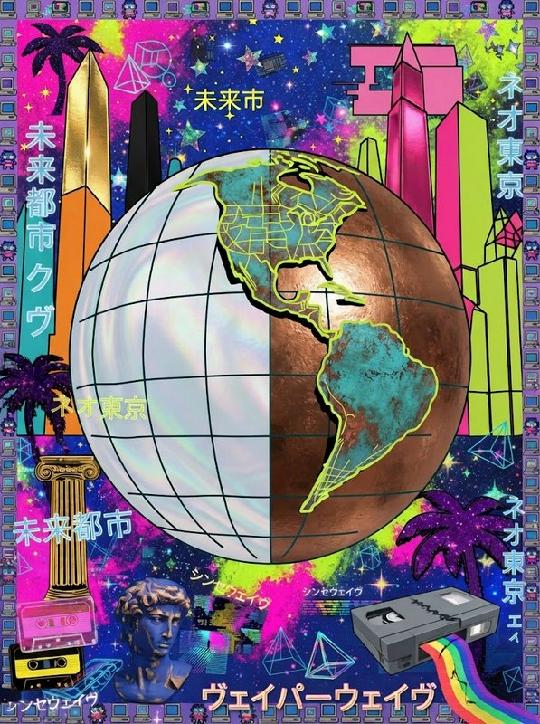 Split iridescent globe sits at the center of a neon vaporwave futuristic cityscape with retro 90s tech accents
