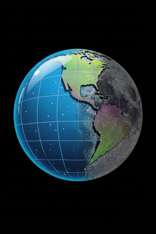 Surreal hybrid Earth-moon globe showing the Americas, floating against a solid black background