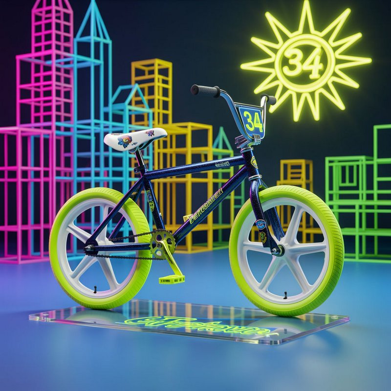 Retro freestyle BMX bike with neon green tires posed before a glowing wireframe neon city backdrop