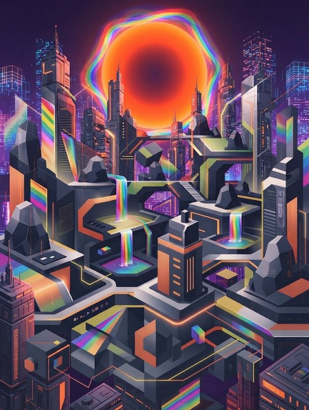 Futuristic cyberpunk cityscape with rainbow waterfalls and a glowing orange rainbow-ringed celestial body above skyscrapers