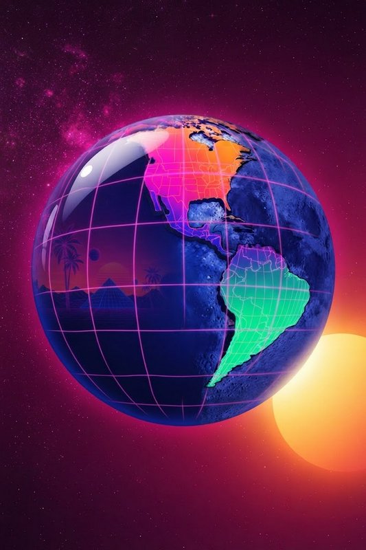 Synthwave style glowing neon Earth globe with pink grid lines floating in starry space beside a warm golden sun