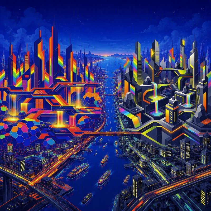 Vibrant rainbow accented futuristic cyberpunk metropolis lining a wide river under a dark starry twilight sky