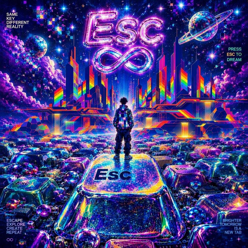 Person standing atop a giant Esc key overlooking a glowing neon futuristic cosmic cityscape
