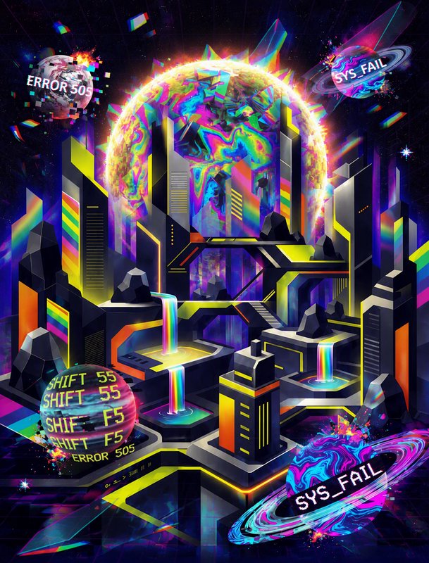 Psychedelic glitch cyberpunk city with rainbow waterfalls, iridescent planets, and system error text against deep space