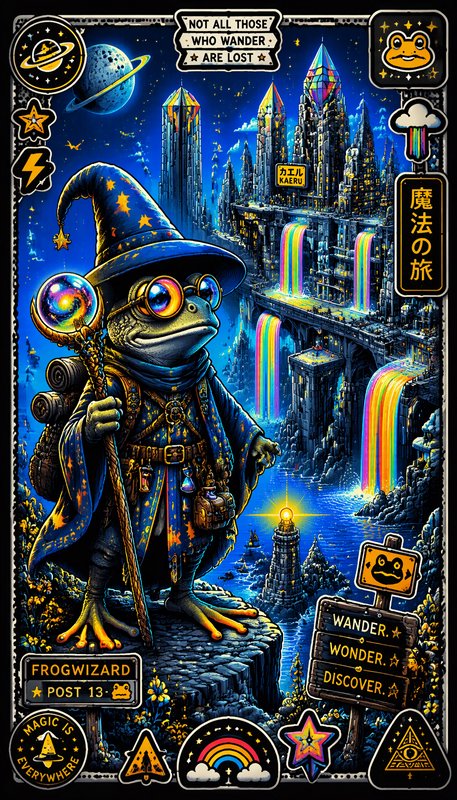 Anthropomorphic frog wizard holds a crystal staff overlooking a magical fantasy city with rainbow waterfalls
