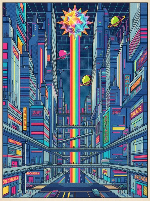 Retro cyberpunk cityscape with a tall rainbow beam rising from the street to a glowing star-shaped crystalline structure