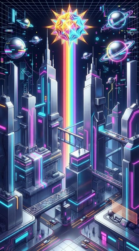 Futuristic cyberpunk cityscape with neon skyscrapers, rainbow energy beam, and floating ringed planets overhead
