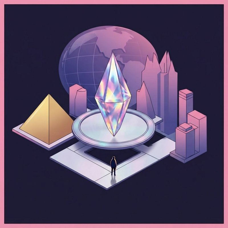 Small silhouetted person stands before a giant floating iridescent crystal in a surreal futuristic isometric scene