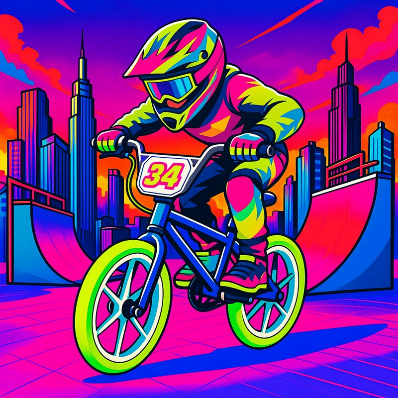 Neon colorful BMX racer on bike number 34 rides at an urban skate park against a vibrant sunset city skyline